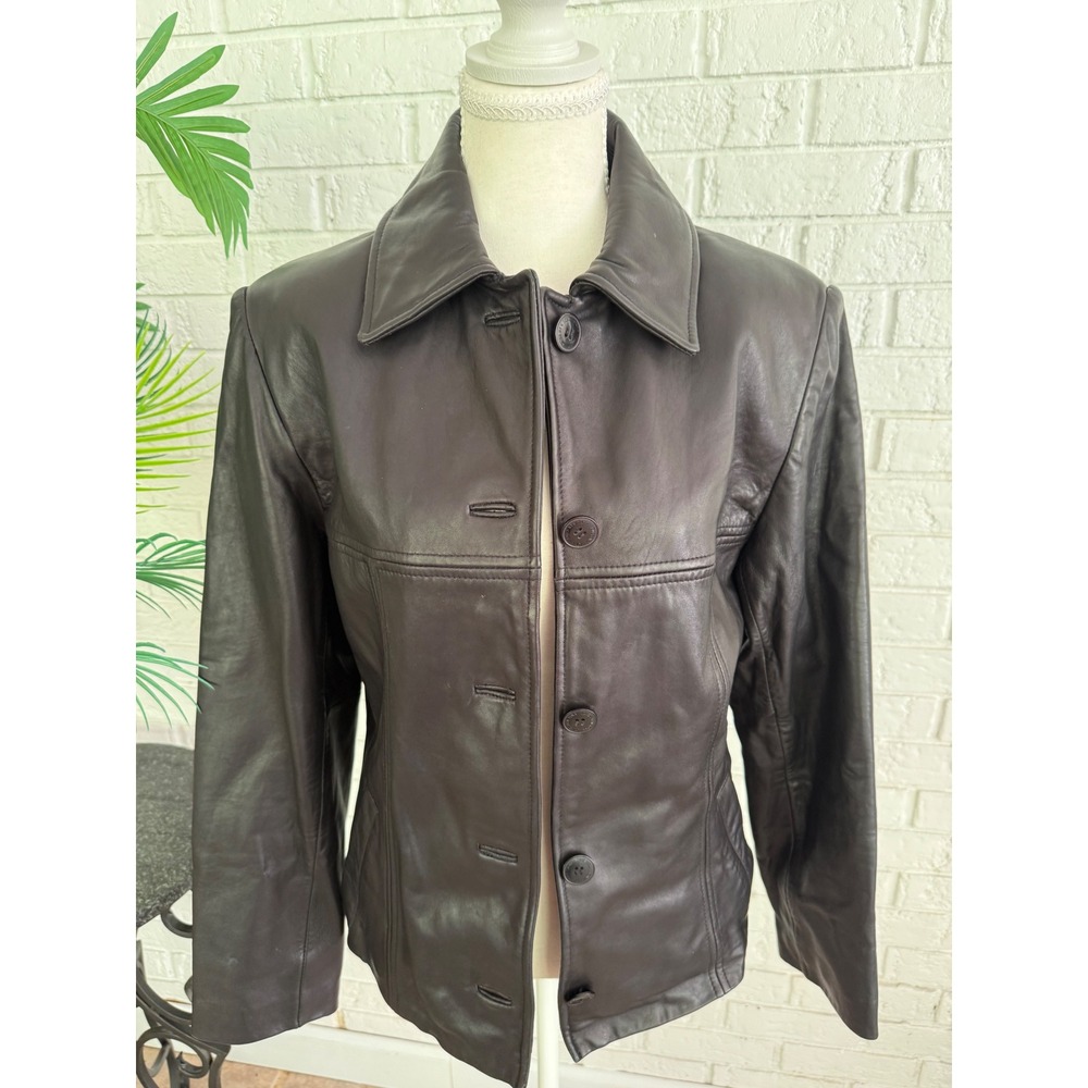 Jones New York Leather Jacket Women Size M Black Excellent Button Front Blazer